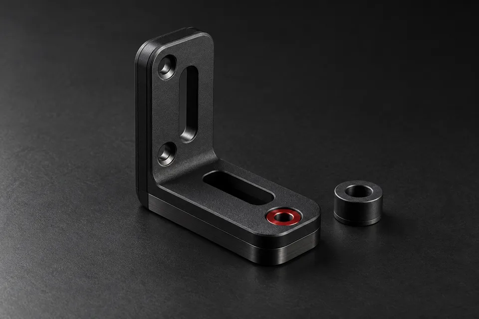 Illustrative concept of a dark mounting bracket and matching spacer.