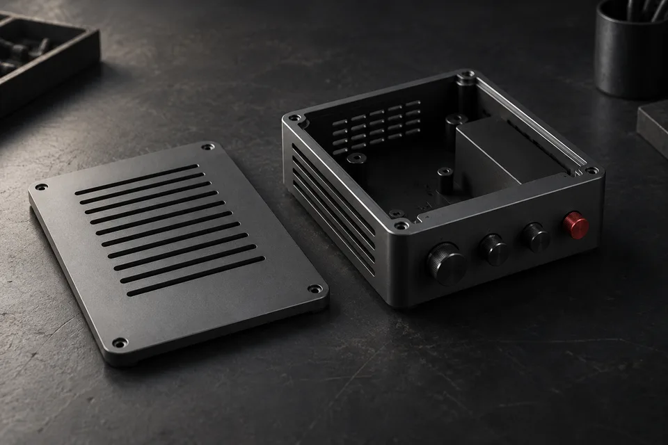 Illustrative concept of a graphite enclosure with a separate lid and controls.