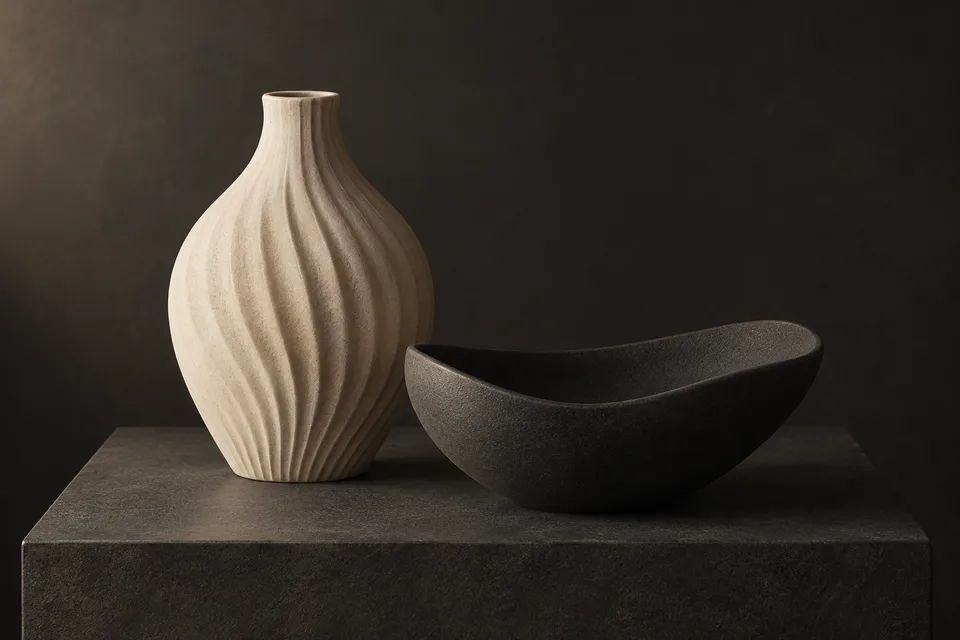Illustrative study of a sculptural off-white vase and a dark curved bowl.